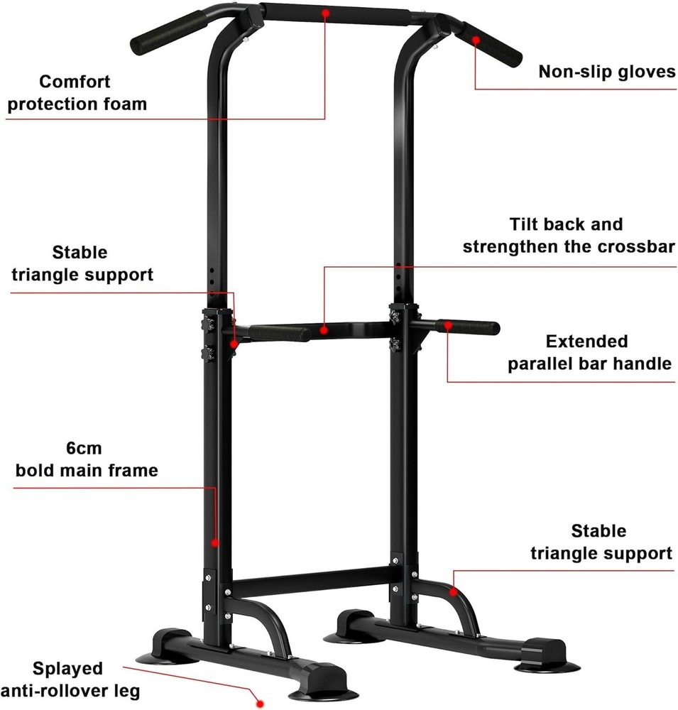 Adjustable Power Tower Pull Up Dip Station Strength Training Equipment Black