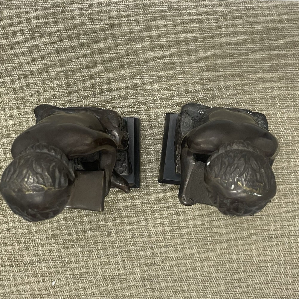 Vtg Bronze Boy Cherub Reading Book Bookends