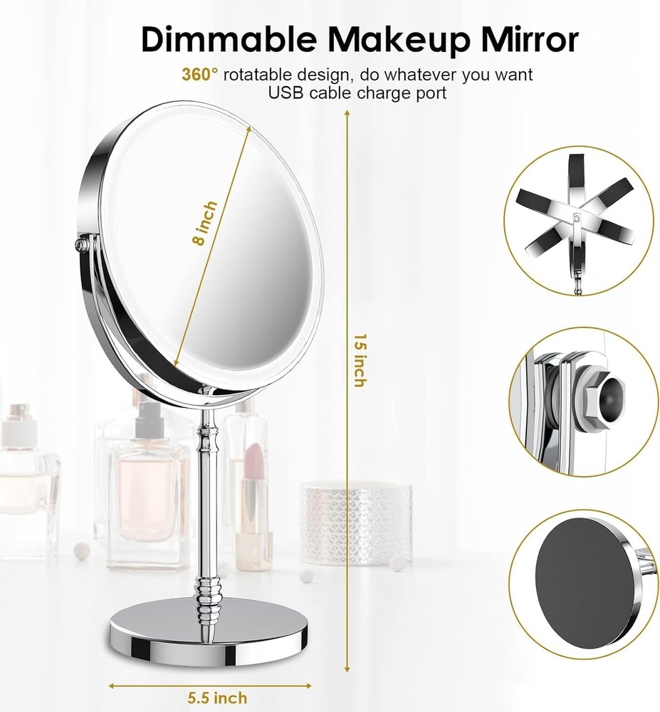 Makeup Mirror, 3000mAh Rechargeable Double-Sided Magnifying Vanity Mirror wit...