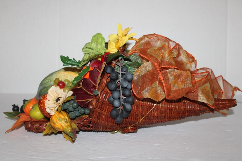 Cornucopia in Wicker Basket with Artificial Fall Thanksgiving Flowers