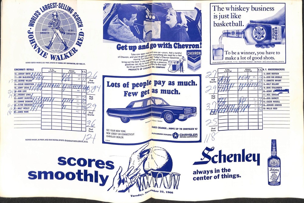 1966 - 1967 CINCINNATI ROYALS VS. NEW YORK KNICKS PROGRAM/ SCORECARD, SCORED