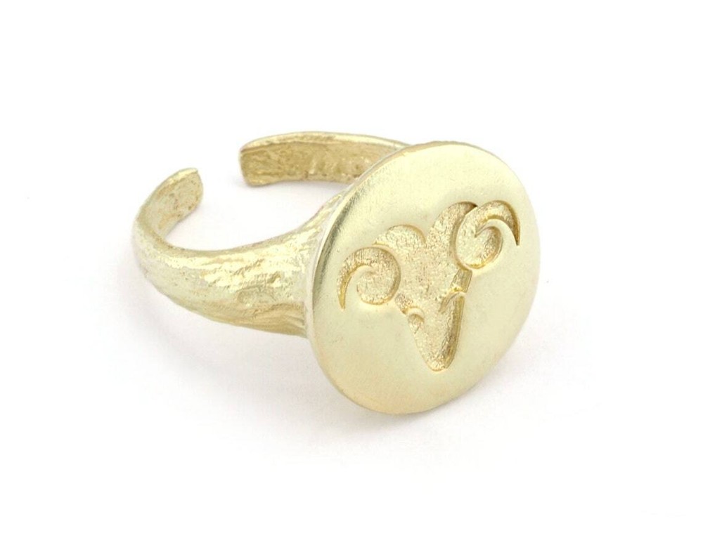 Ram Aries Horoscope Bark Textured Band Round Adjustable Ring Raw brass 4864