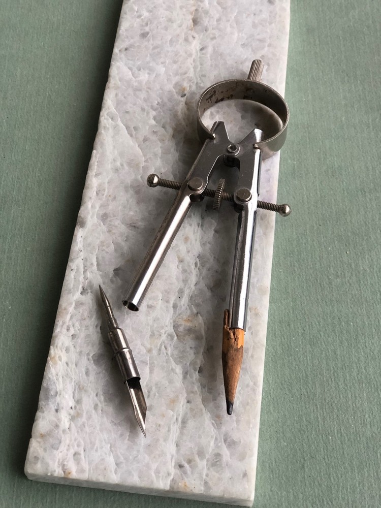Vintage Drafting Compass w/ Interchangeable Ink Pen Nib & Point, Drafting Tool