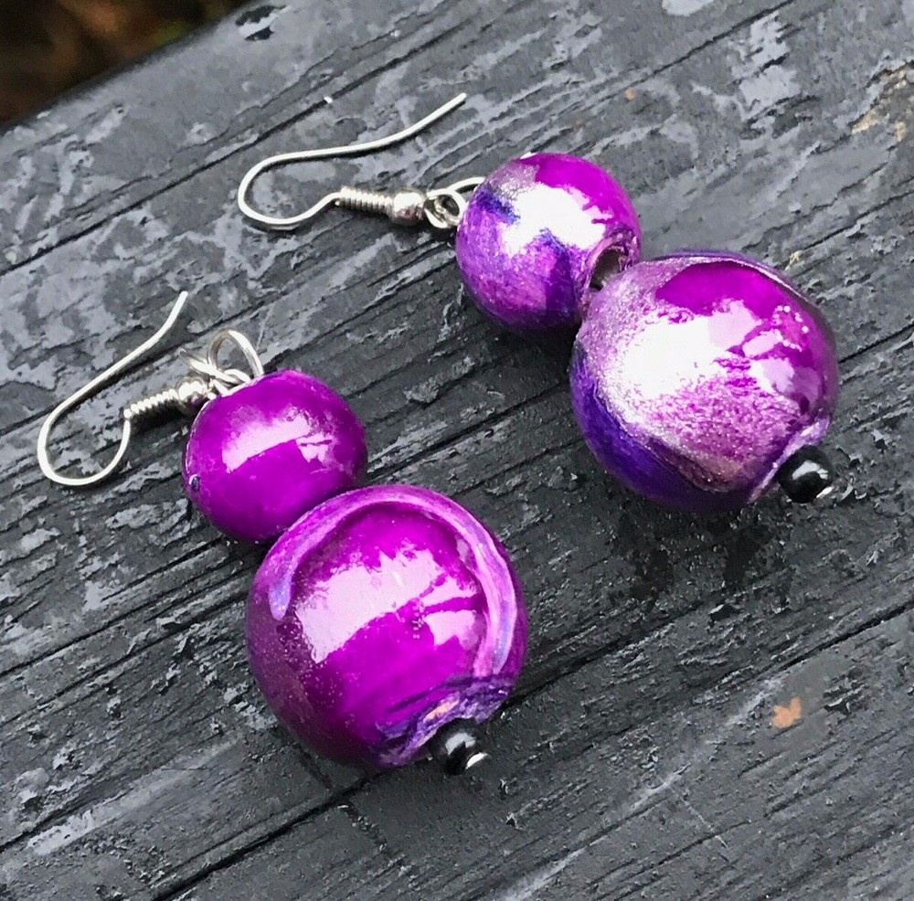 Frosted Purple Hand Painted Large Bead Pierced Earrings