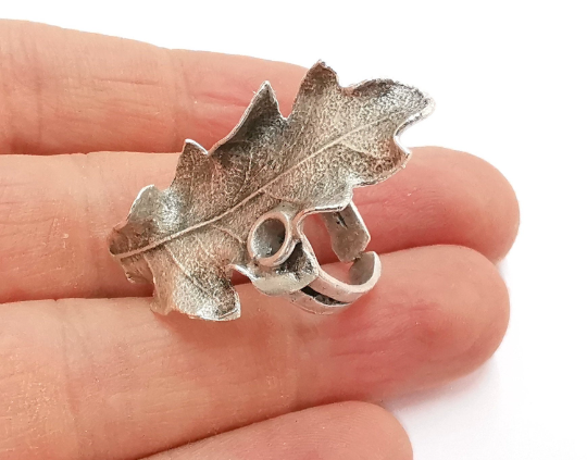 Leaf Ring Blank Setting Base Bezel Cabochon Antique Silver Plated Brass G21094
