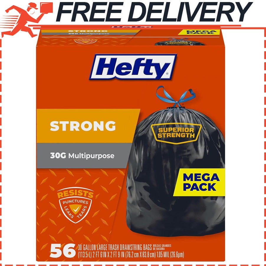 Hefty Strong Large Multipurpose Trash Bags, Unscented, 30 Gallon, 56 Count