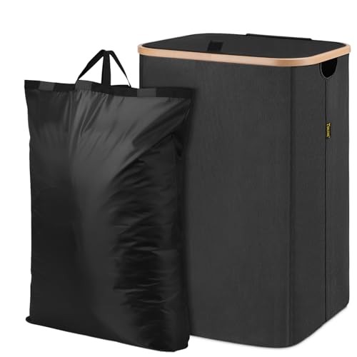Laundry Hamper with Lid, Tall Laundry Baskets with Bamboo Pull 70 liters Black