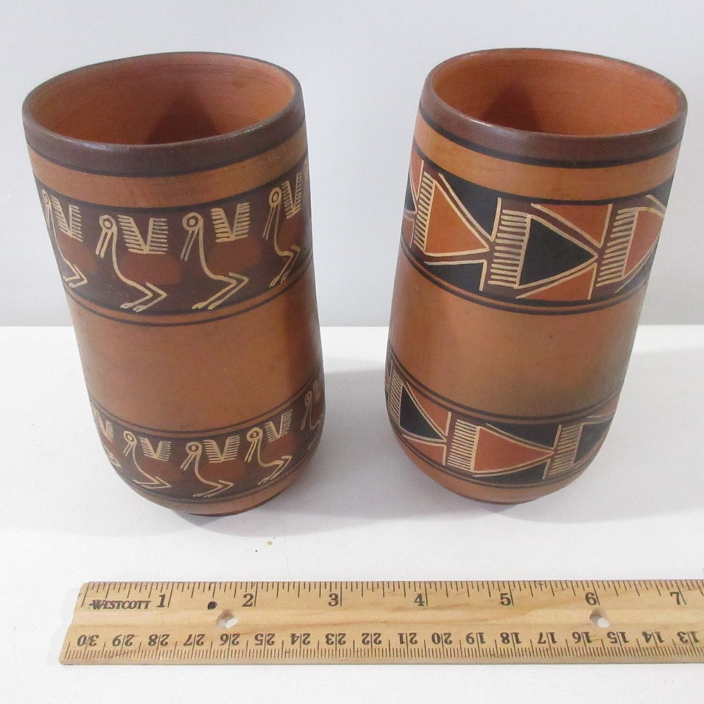 Peruvian Red Clay Earthenware Vessels Drinking Cup Vase Handmade Hand painted
