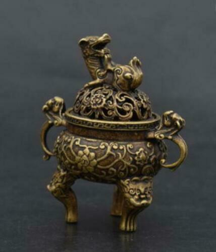 China's Old Handwork pure brass Beast head small Incense burner