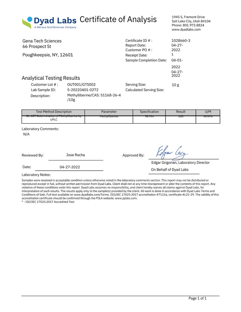 Methylliberine - Dynamine - 1 Gram - Lab Certified 100% Purity