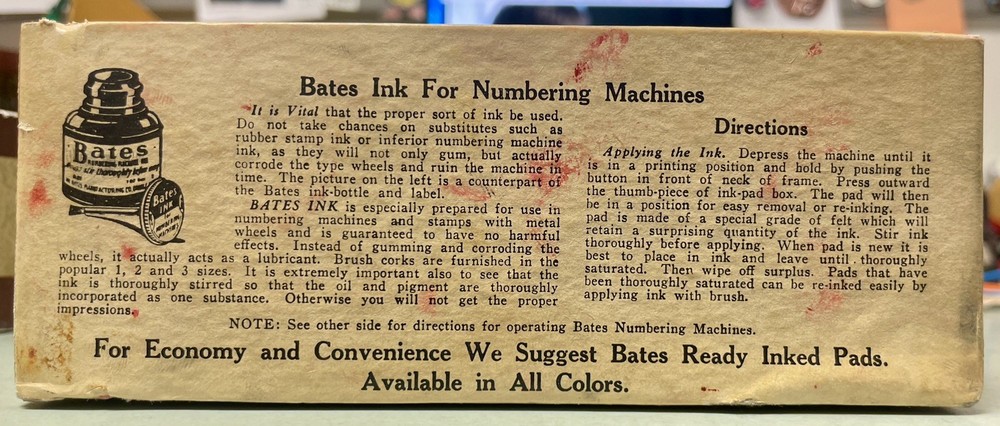 Bates Five Movement Numbering Machine: sequential stamp device six wheel style E