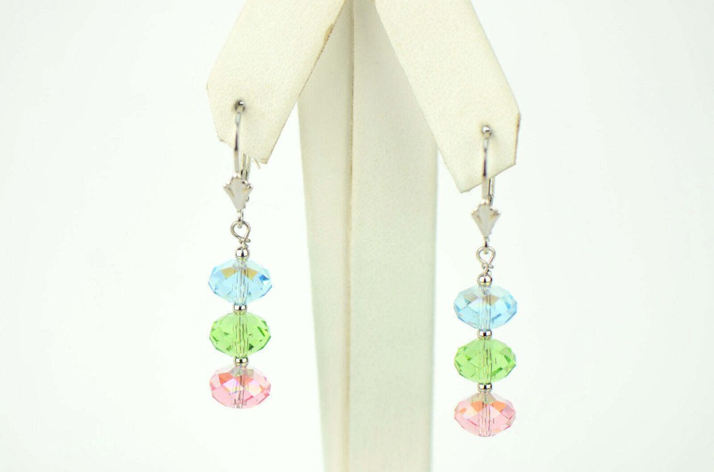 Three Color Crystal Dangle Drop earrings Sterling Silver 925