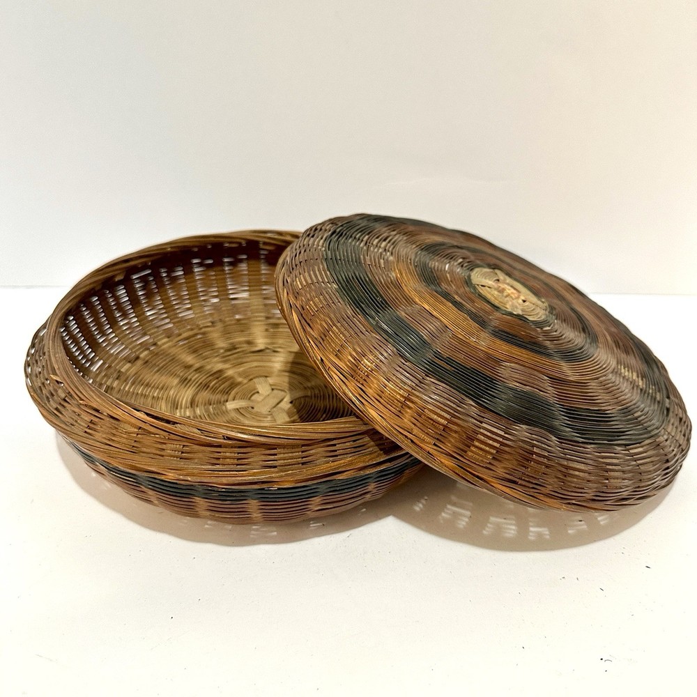 Antique Round Lidded Wicker Basket Sewing Hand-Painted