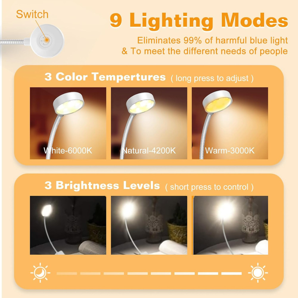 2 Packs Rechargeable Book Reading Light - Adjustable Brightness, 3 Color Tempera