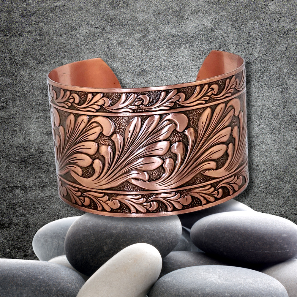 Solid Copper Adjustable Cuff Bracelet with Embossed Floral Design Antique Finish
