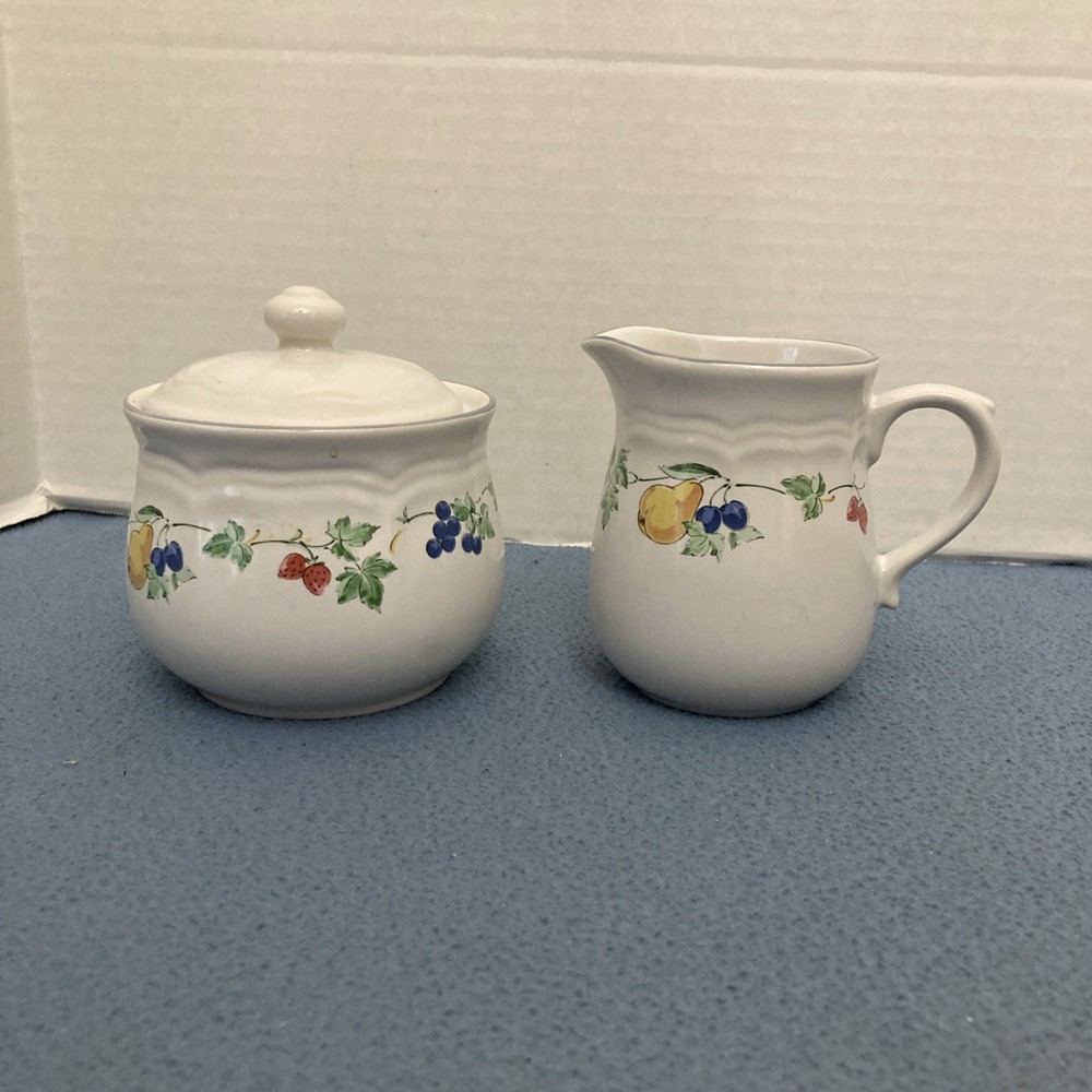 VTG AMG Nanci Genuine Stoneware Multicolor Fruit Patterned Cream & Sugar Set