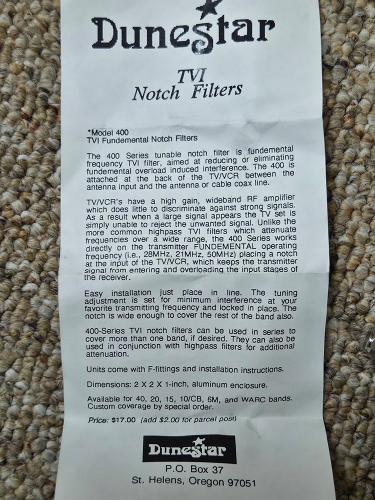 Dunestar and I.C.E. TV interference filters