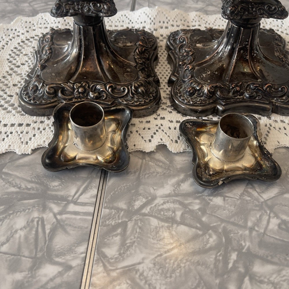 Baroque & Rococo Silverplate Candlesticks Pair with Removable Bobeches antique
