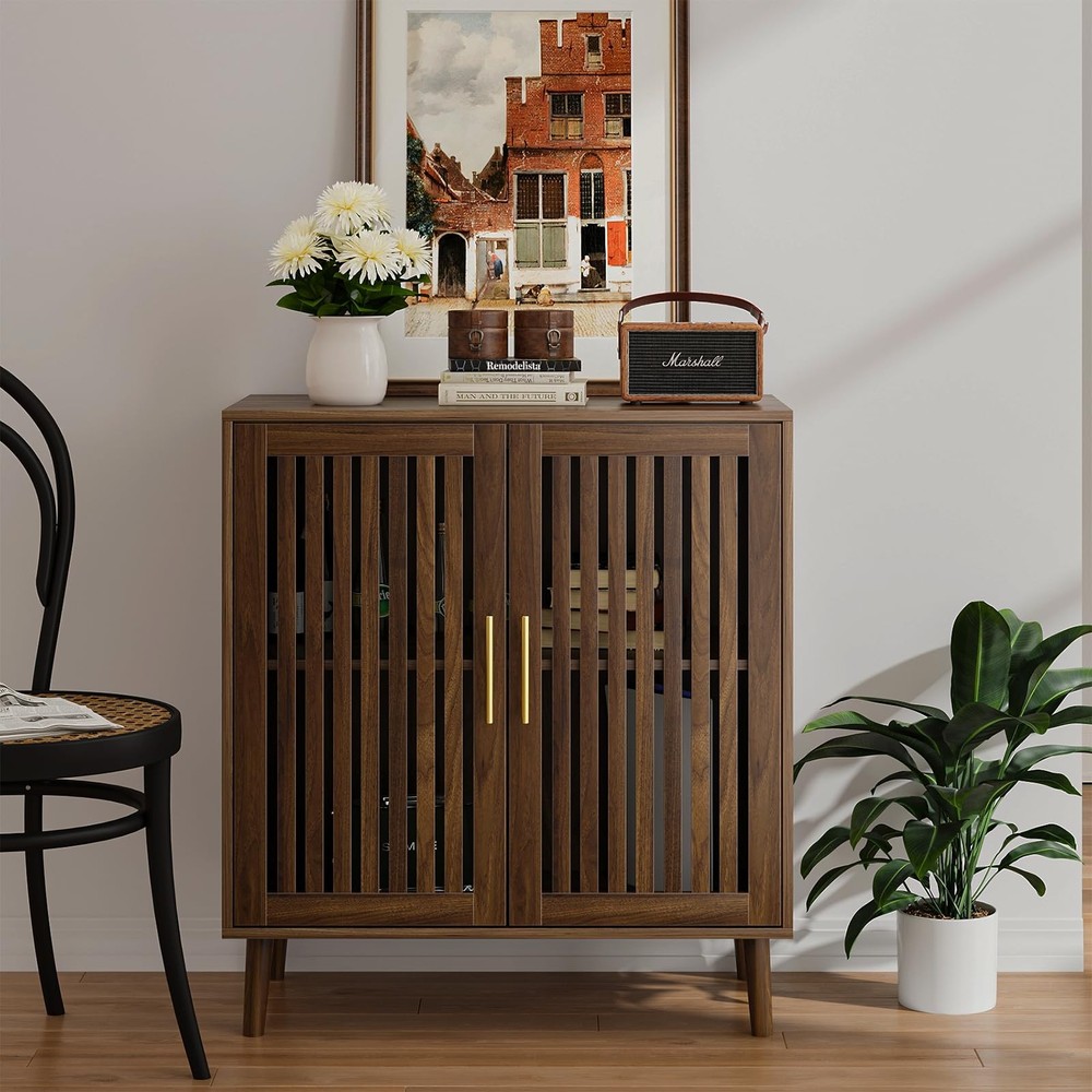 Buffet Cabinet with Storage Walnut Sideboard with Grille Doors&Adjustable She...