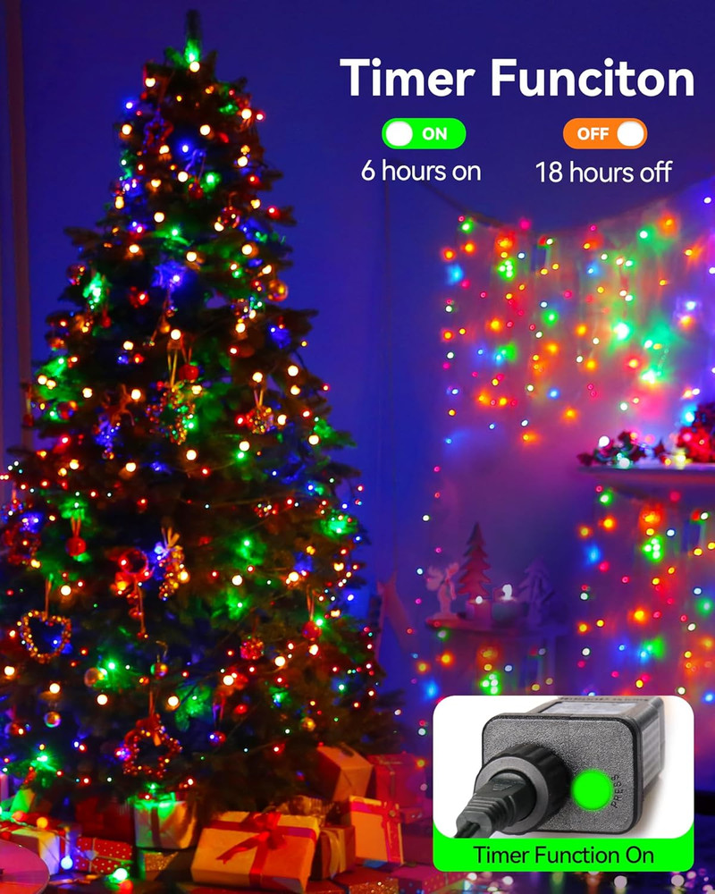 Multicolor Christmas String Lights 100 LED, 8 Modes, Timer, Extendable, Indoor/O