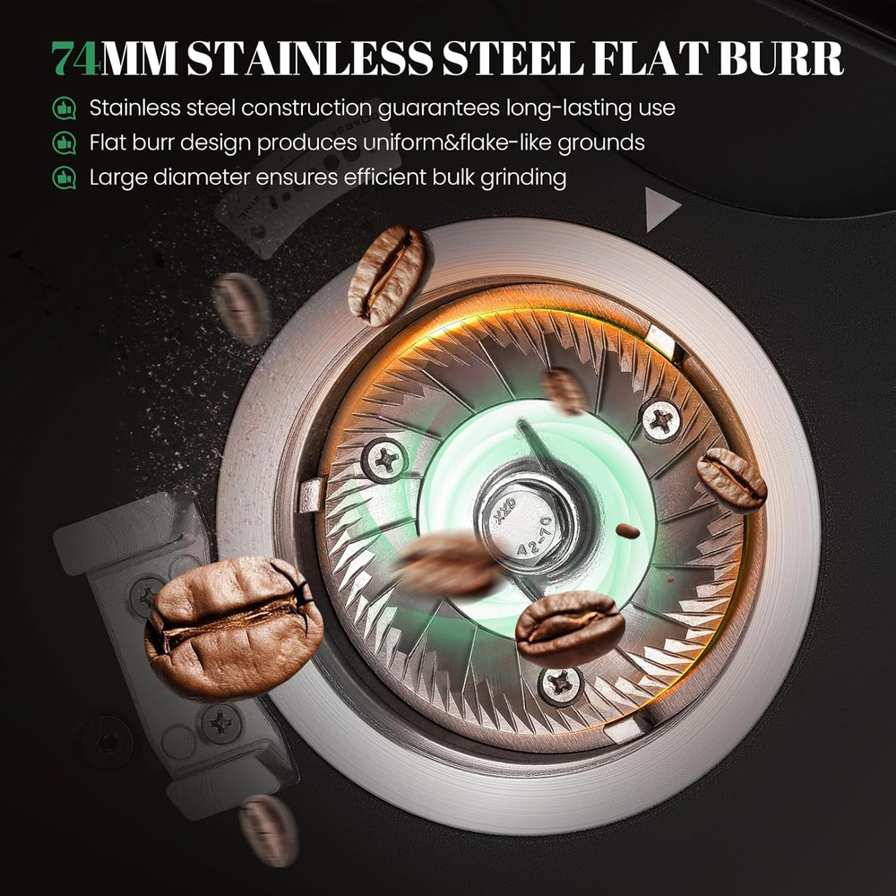 74mm Flat Burr Coffee Grinder with Touch Screen & 15 Grind Settings
