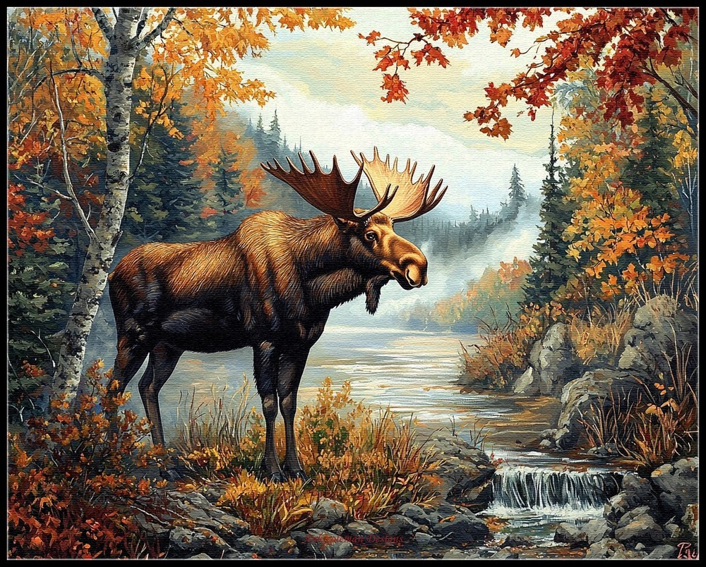 Moose in Autumn 2 - Chart Counted Cross Stitch Patterns Needlework DMC Color