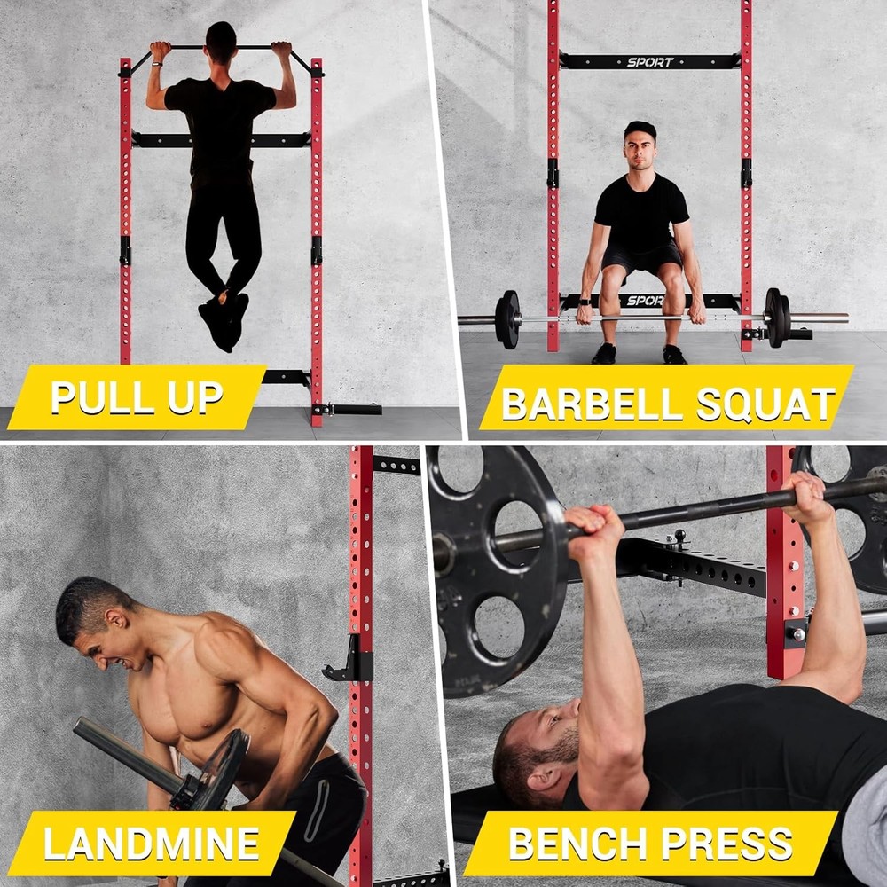 Folding Wall-Mounted Squat Rack 1000Lbs with Pull-Up Bar & J-Hooks