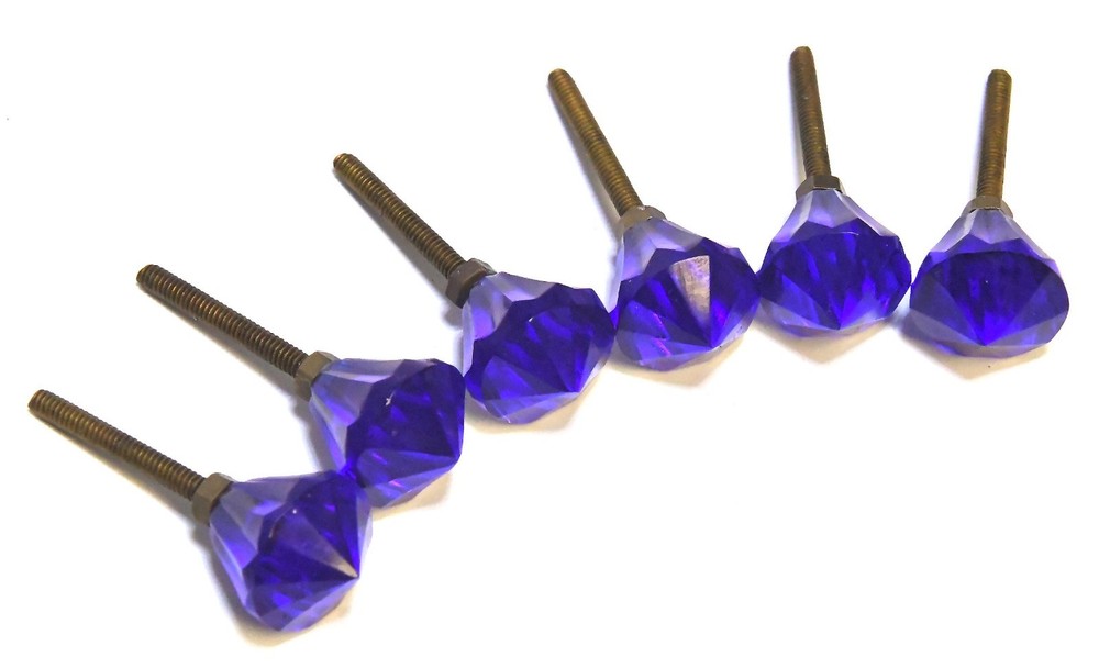 RARE 6 VINTAGE COBALT BLUE GLASS DRAWER PULLS KNOBS
