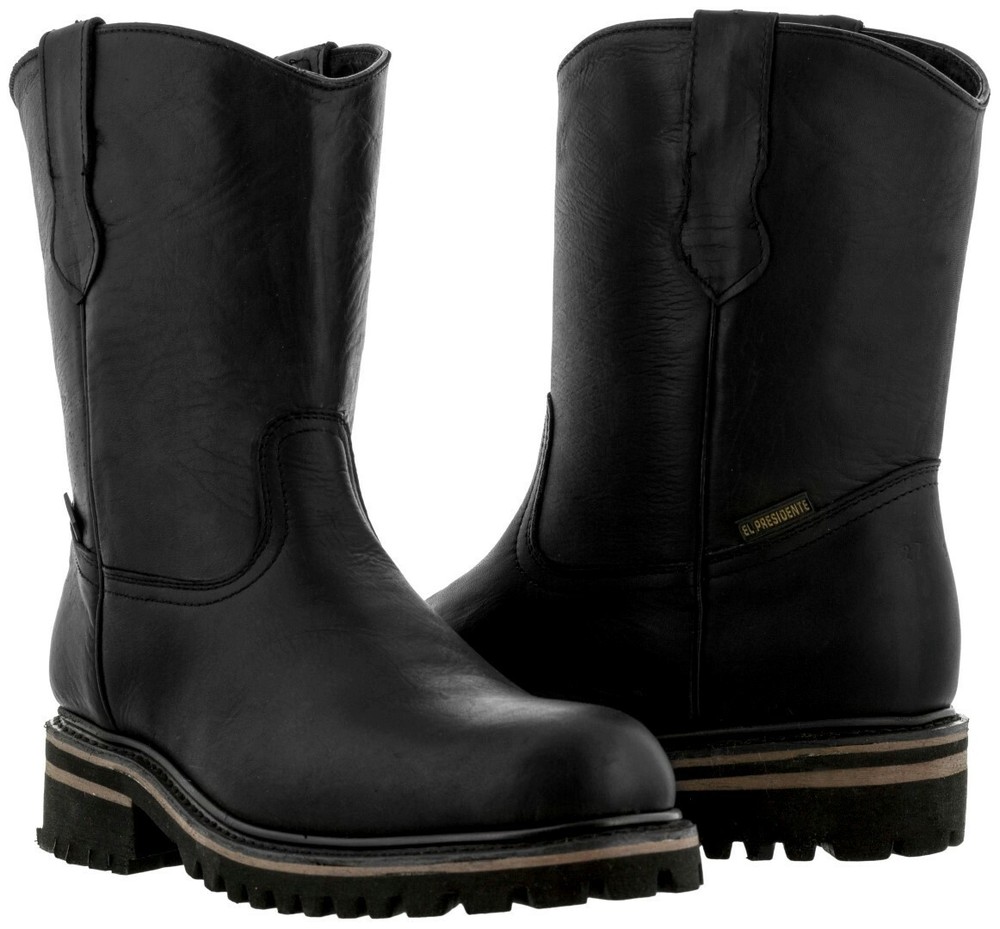 Mens Black Work Boots Real Leather Slip Resistant Traction Soft Toe Botas