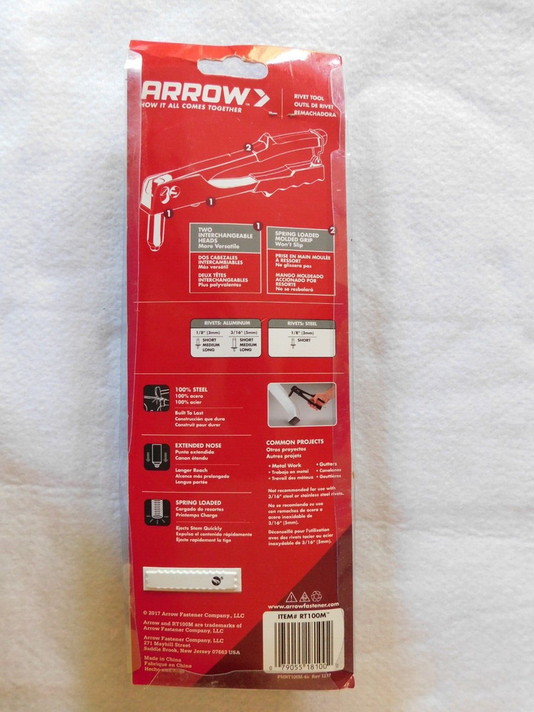 Arrow Rivet Tool RT100 Interchangeable Heads Aluminum Steel Rivets Construction