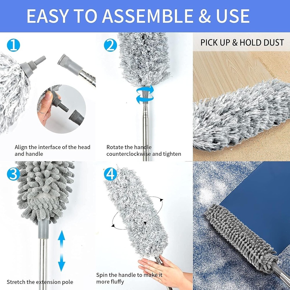 Microfiber Duster with Extension Pole 8Ft Long Handle Bendable Washable