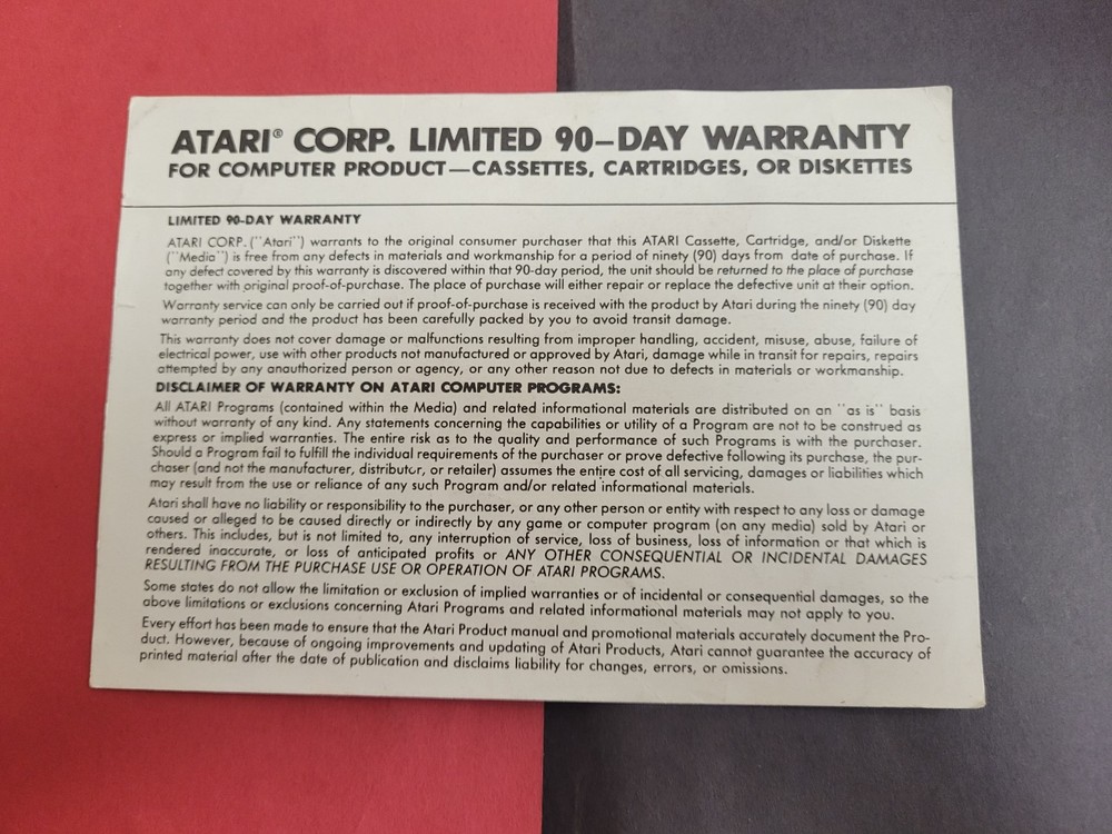 atari 90 day warranty insert
