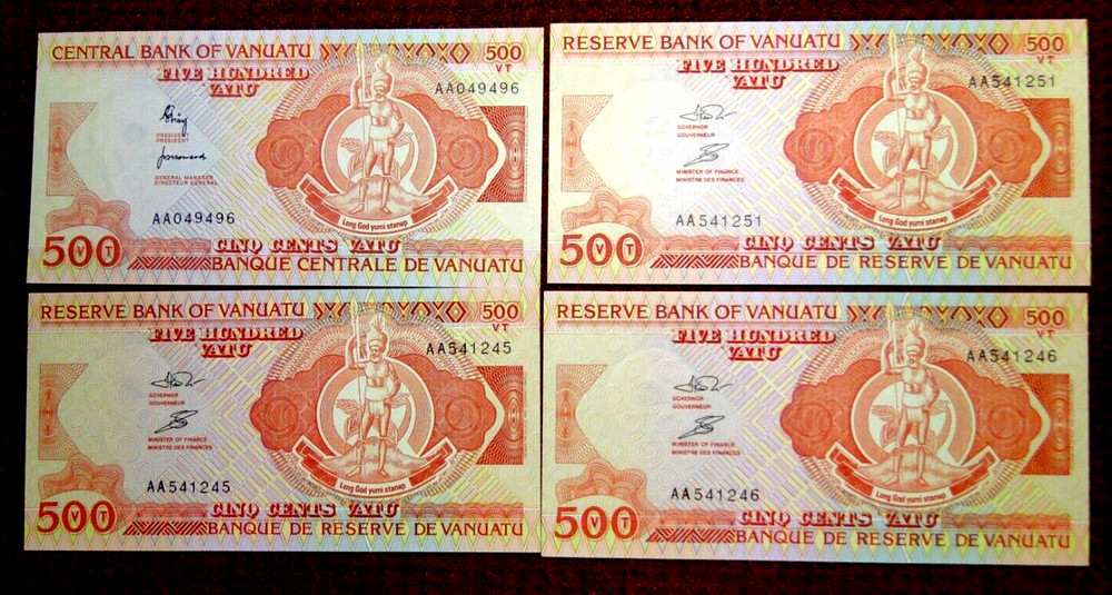 VANUATU FOUR  UNC 500 VATU BANKNOTES (1982 AND 1993)