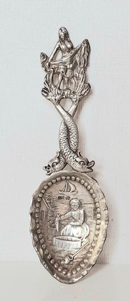 ANTIQUE GERMAN 800 SILVER  DRAGON FISH HANDLE TEA CADDY SPOON