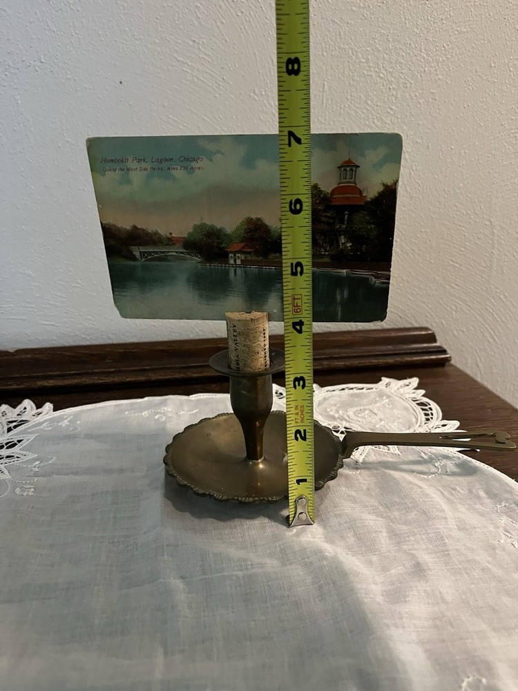 Brass Handled Candlestick Using Wine Cork As Postcard Display