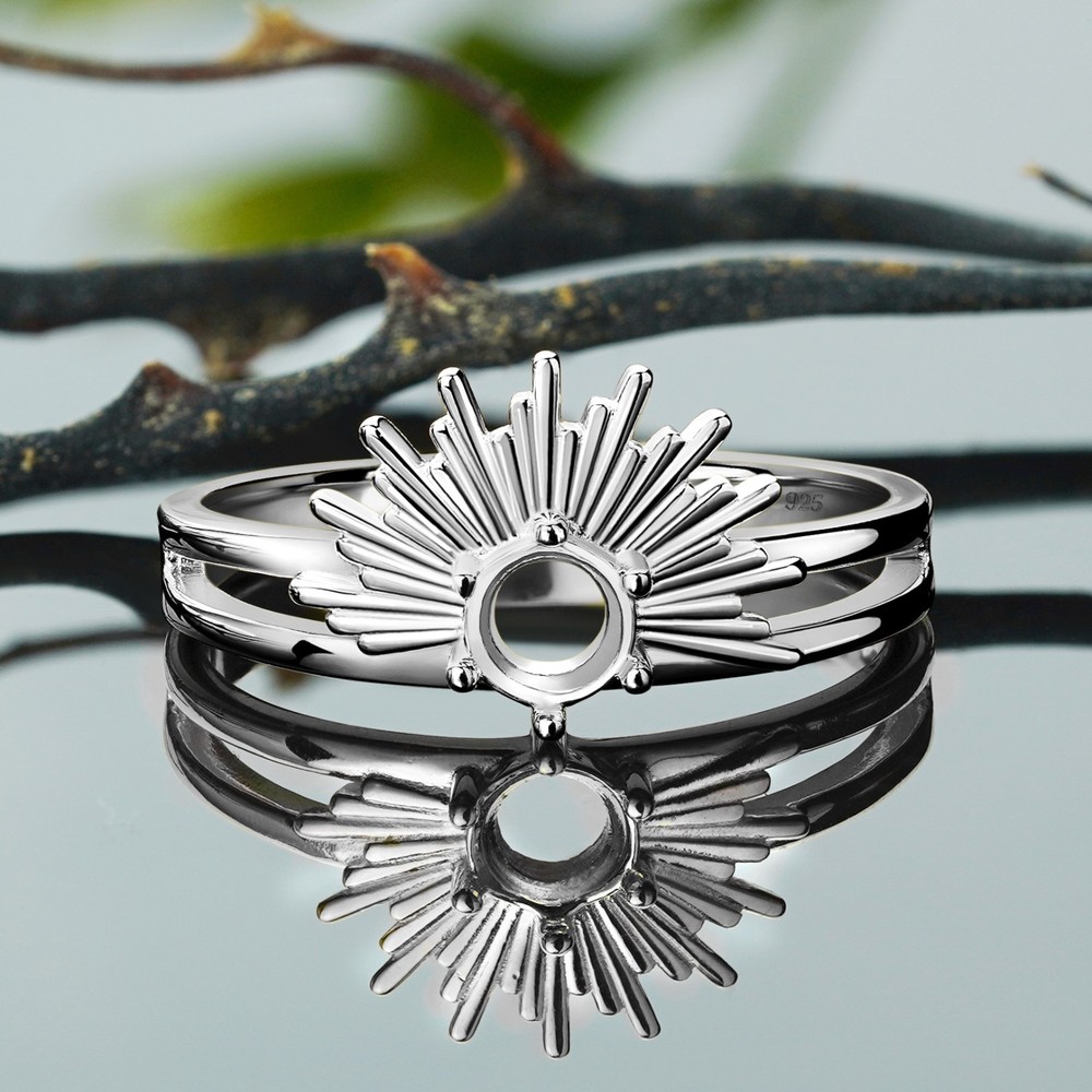 925 Sterling Silver Ring Blank – 5 mm Round Bezel Setting with Antique Sun Rays