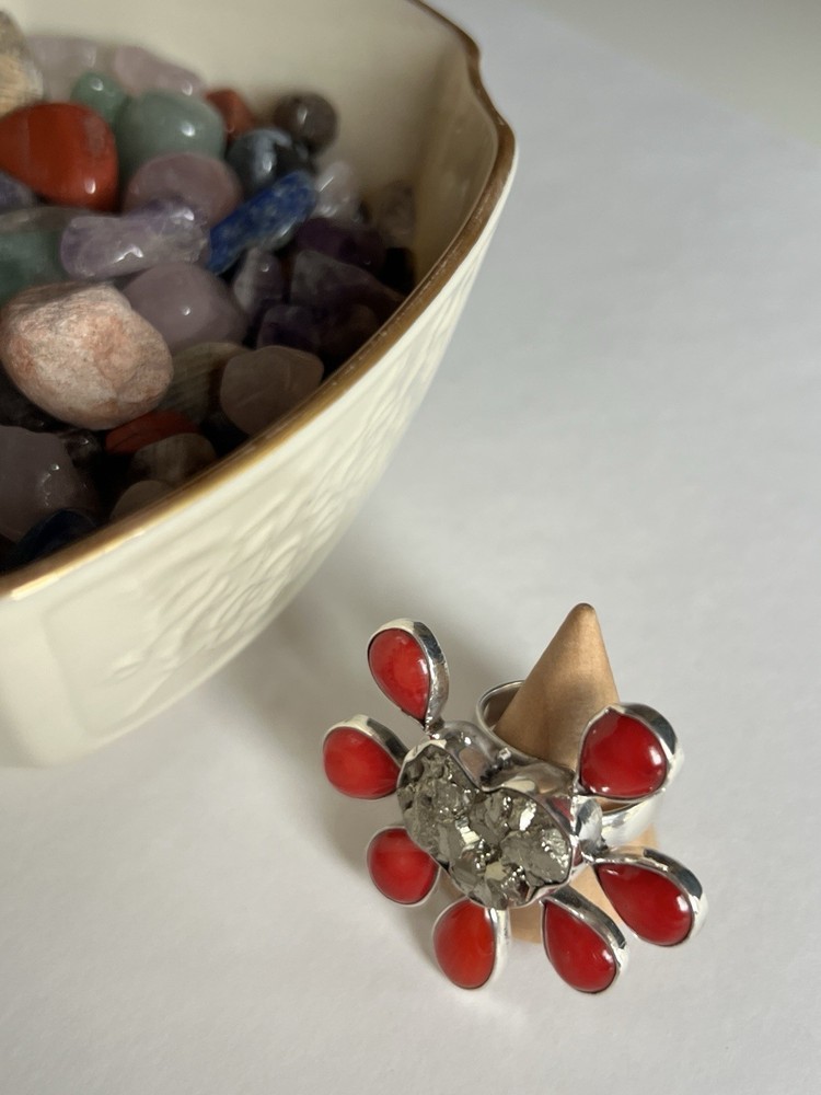 Pyrite & Red Coral Ring 925 Sterling Silver Adjustable Artisan Statement