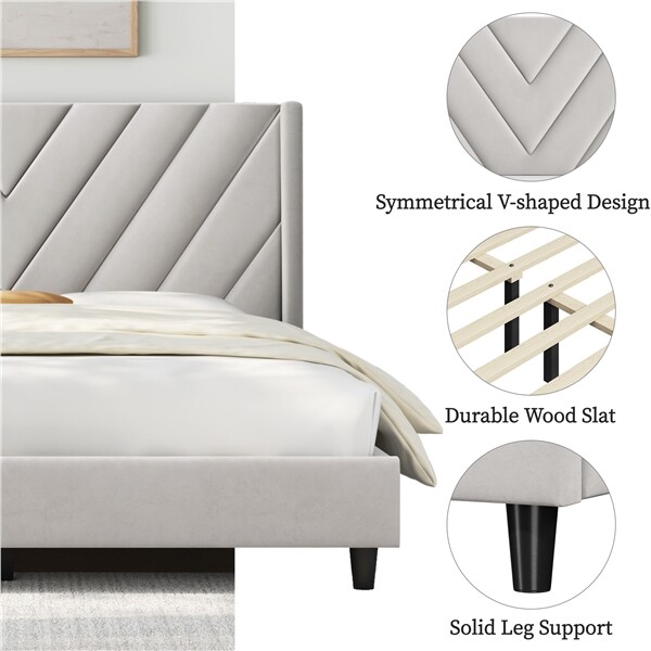 Full/Queen Upholstered Bed Frame with Wing Side Headboard, No Box Spring Needed
