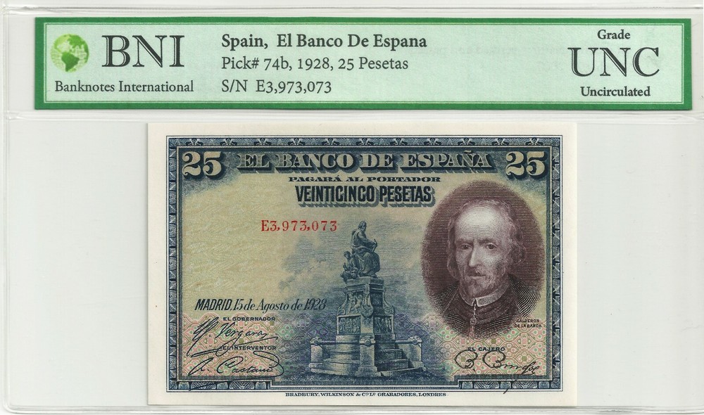 SPAIN 25 PESETAS 1928 P 74b UNC AUTHENTICATED