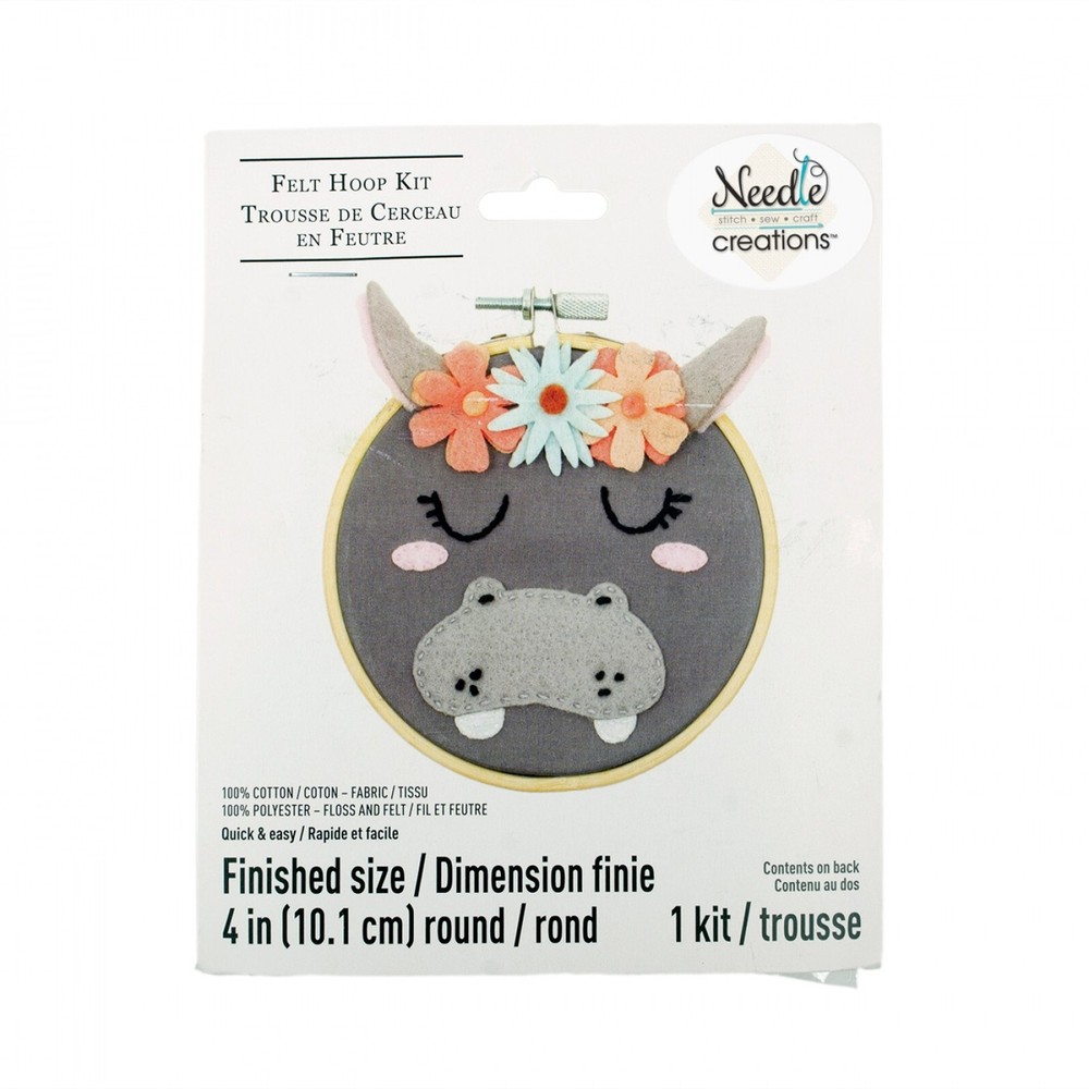 Needle Creations 4 Inch Felt Embroidery Hoop Kit Hippo