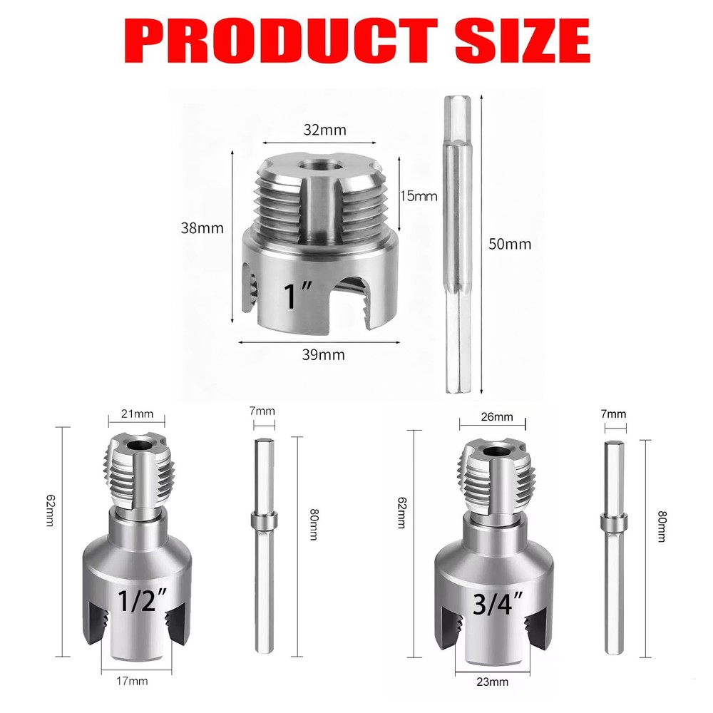 3PCS PVC Pipe Threader Kit 1/2 3/4 1 Inch NPT Drill Compatible Threading Tool
