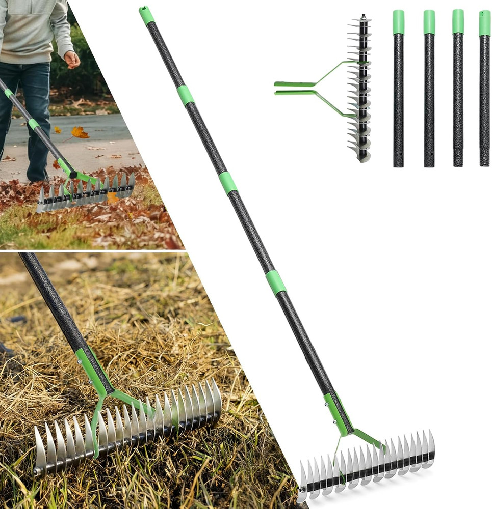 Thatch Rake, 13" Wide Efficient Dethatcher Rake with 70" Adjustable Long Handle,