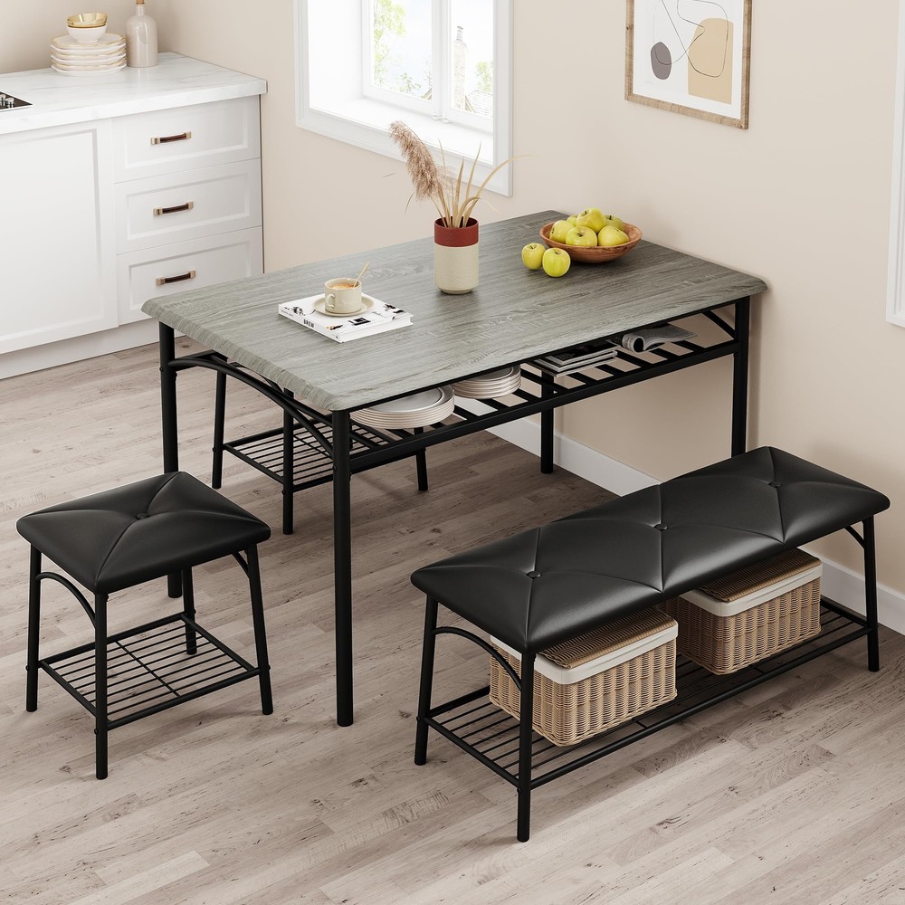 Dining Room Table Set for 4 Kitchen Table with Bench ,Stools & Storage Rack Grey