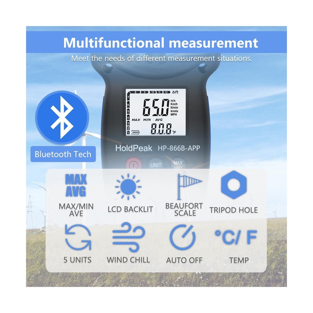 HoldPeak Handheld Anemometer Bluetooth with Tripod, Digital Wind Speed Gauge ...