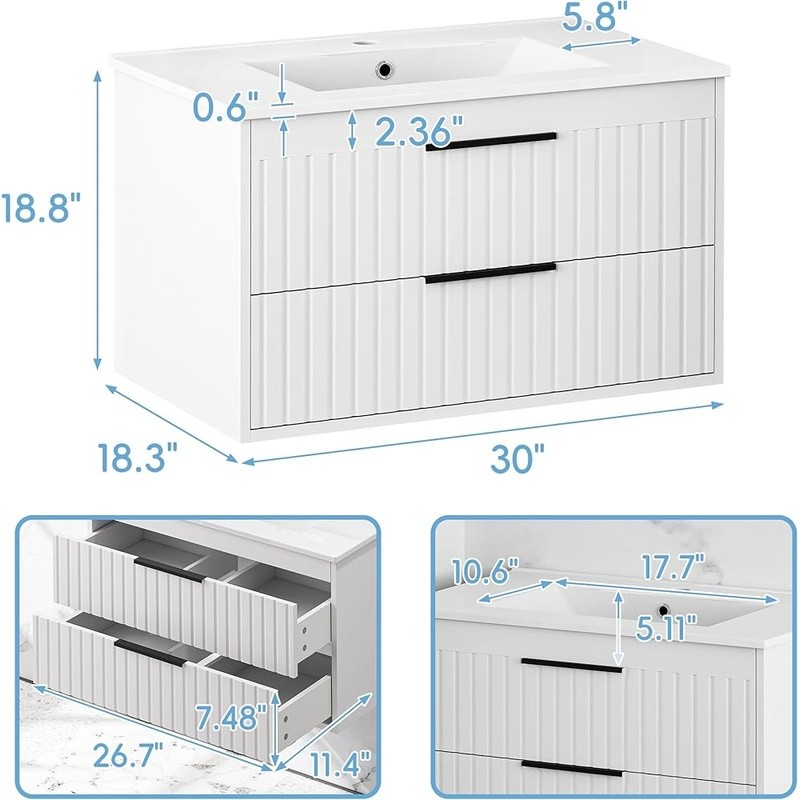 Wall-Mounted Bathroom Vanity Cabinet W/ Quiet Drawer System & Ample Storage New