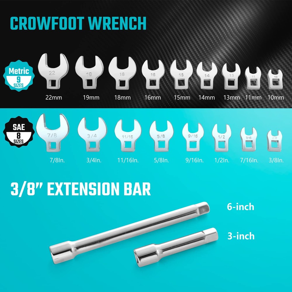 DURATECH 3/8" Drive Crowfoot Wrench Set 19pc