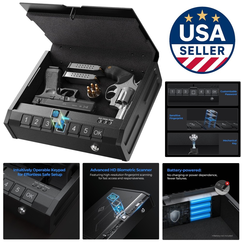 Quick Access Biometric Handgun Safe with Security Cable & Low Battery Warning