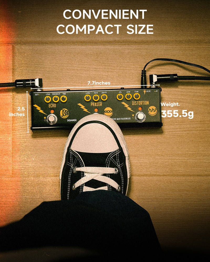 Donner Triple Threat Multi Effects Pedal Echo Phaser Distortion With Adapter