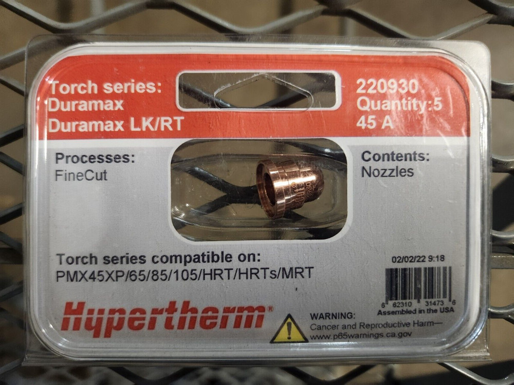 HYPERTHERM 220930 FINE CUT NOZZLE 45A PMX65/85/105 DURAMAX/LOCK, 5 PACK