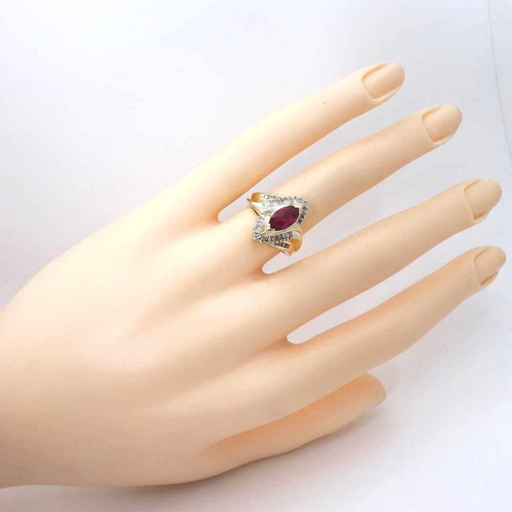 14k Gold Lab Created Marquise Ruby Natural Diamond Ring Navette Setting